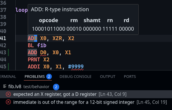 VS Code editor with lemu LSP and VS Code extension. ADD X0, XZR, X2 has encoding information on hover and there are error diagnostics for and incorrect instruction register and instruction operand overflow.